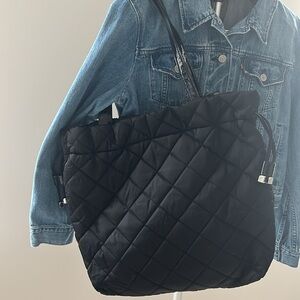 Micheal Kors Black Quilted Drawstring Tote with Patent Leather Handles